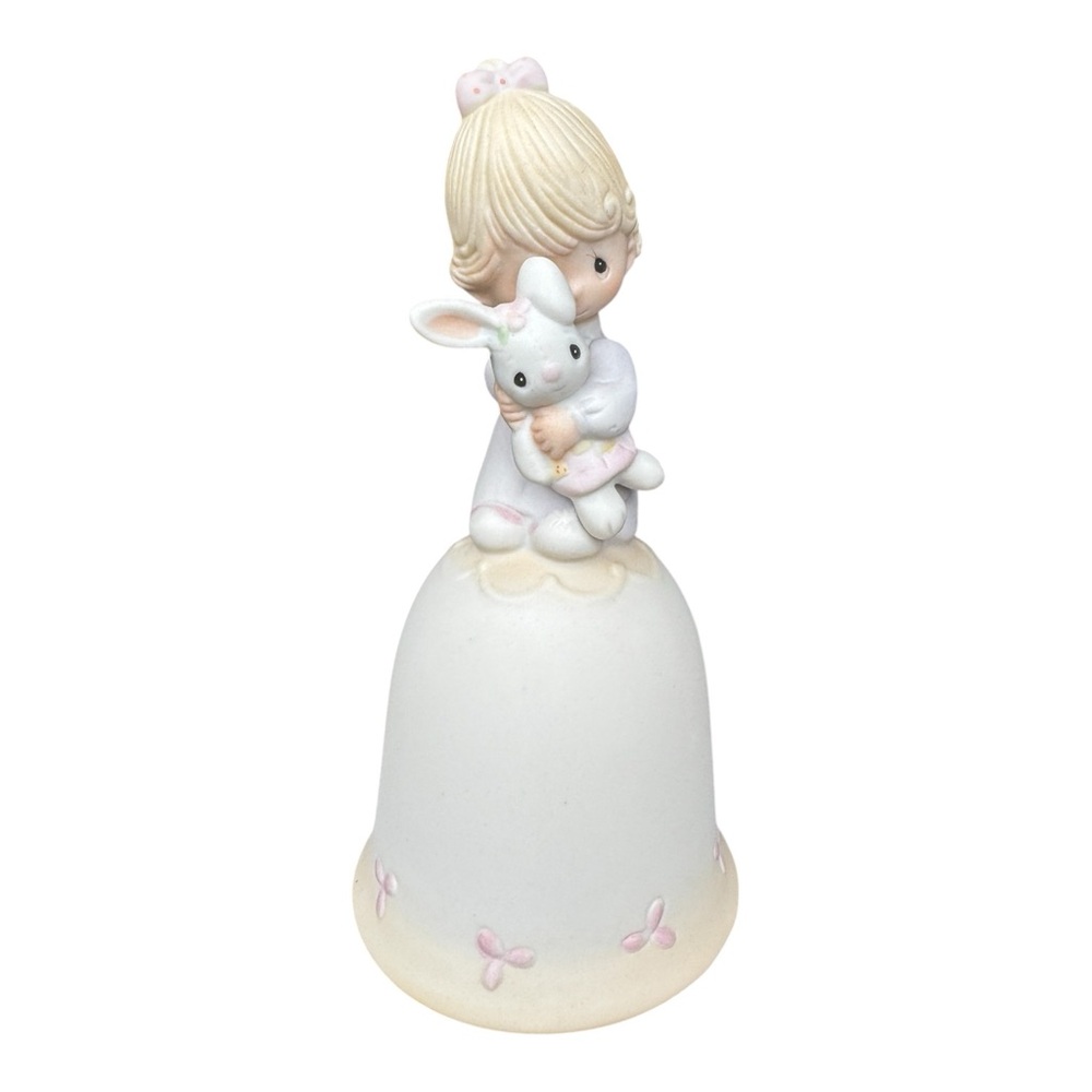 Precious Moments, E-5209  'Jesus Loves Me' Girl with Bunny Dinner Bell 1980